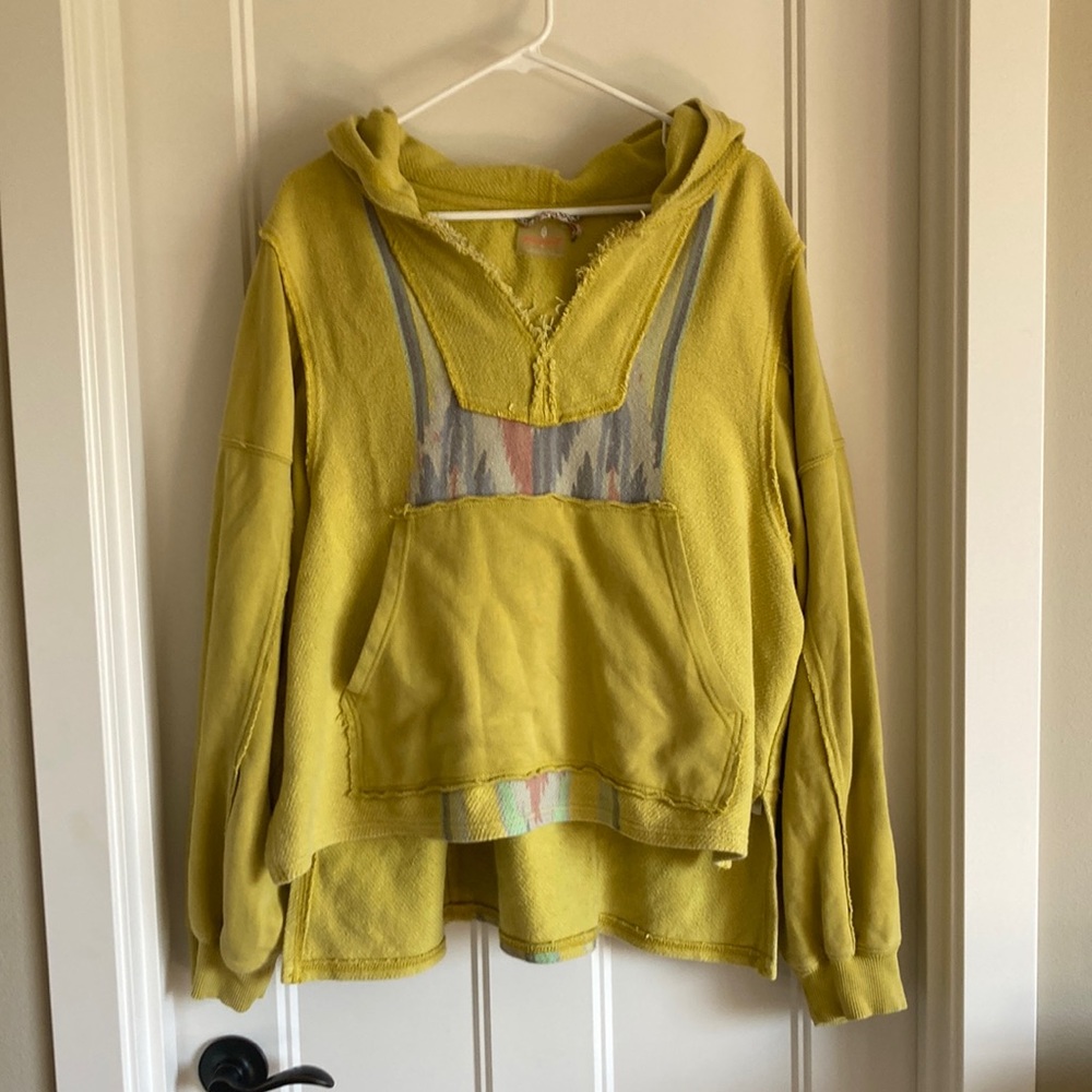 Free People Yellow Hooded Top with Multicolor Trim